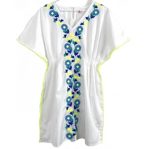 BODEN Girls Floral Embroidered Mexican Kaftan Dress in White / Blue/ Neon Yellow - Picture 2 of 10